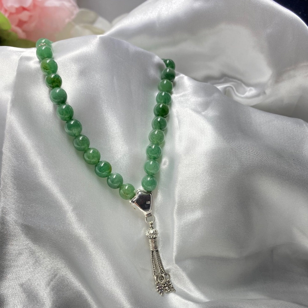 Genuine Green Jade And Sterling Silver One Handed Prayer Beads